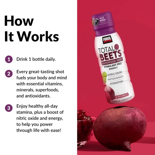 Force Factor Total Beets Superfood Shots for Healthy All-Day Stamina, Energy Drink Alternative with Beet Root Powder, Vitamins, & Antioxidants, Nitric Oxide Energy Shot, Açaí Berry, 3 Fl Oz (6-Pack)