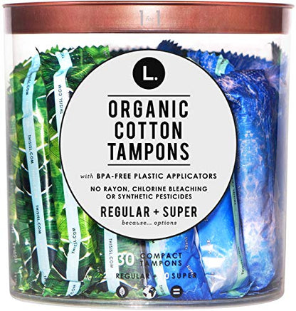 L. Organic Cotton Regular and Super Absorbency Compact Tampons Multipack 30 Count