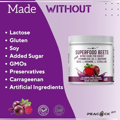Peacock Max Superfoods Blend Immunity Support Vegan Gluten Free (Beets Nitric Oxide B12 Powder, 1 Pack)