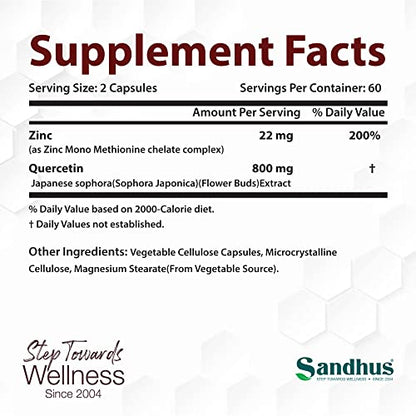 Sandhu's Zinc Quercetin 120 Vegetarian Capsules – Zinc Supplements for Antioxidant Sandhu'sBuy Supplements Australia