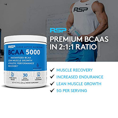 RSP BCAA 5000 (30 Serv), Premium BCAA Capsules for Post Workout Muscle Recovery, Endurance & Energy, 5g of Essential Branched Chain Amino Acids Per Serving (Packaging May Vary)
