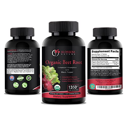 Organic Beet Root Powder 1350mg with Black Pepper-Nitric Oxide Booster, Digestive System, Athletic Performance-120 Tablets,675mg of Organic Beet Powder per Tablet