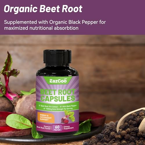 EAZGOO Beet Root Capsules 1000mg Per Serving, Supports Nitric Oxide Production & Blood Pressure, with Black Pepper Extract, Non-GMO, Gluten Free, Vegan - 60 Counts