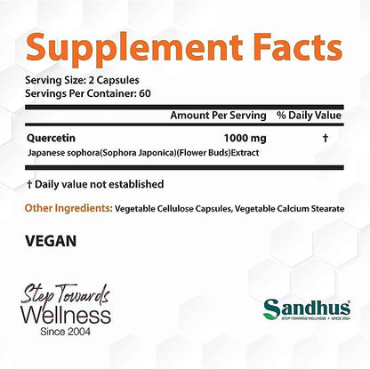 Sandhu's Quercetin 1000mg Per Serving 120 Count(Pack of 2) Vegetarian Capsules Sandhu'sBuy Supplements Australia