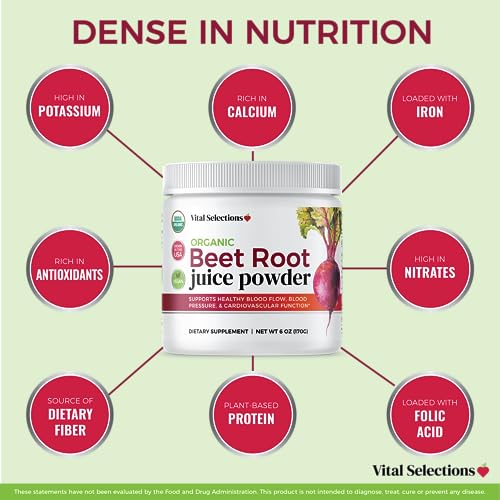 Vital Selections 100% Organic Beet Root Juice Powder, Highest Purity and Potency, USA Grown, Superior Beet Drying Technology, Maximum Nitric Oxide Boost for Cardio Support and Athletic Performance