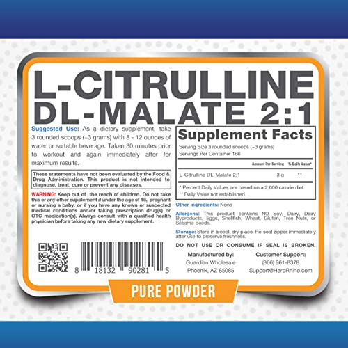 HR Supplements L-Citrulline DL-Malate 2:1 Powder, 1 Kilogram (2.2 Lbs), Unflavored, Lab-Tested, Scoop Included