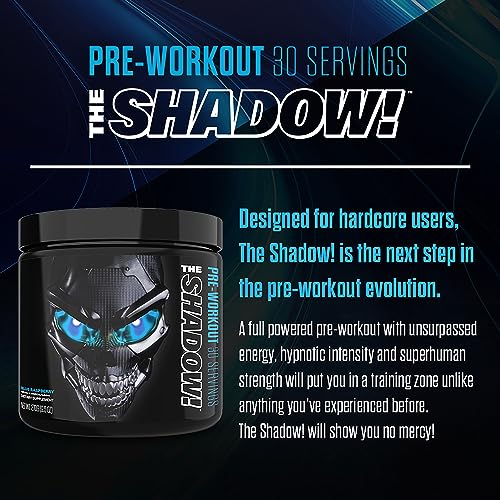 JNX SPORTS The Shadow! 350mg of Caffeine Hard Core Preworkout -Electric Energy, Mental Focus, Superhuman Strength, Men & Women - Blue Raspberry 30 Servings