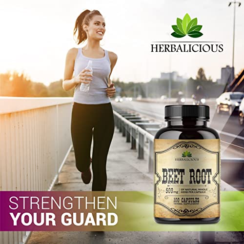 HERBALICIOUS Beet Root Capsules - Herbal Supplement for Athletic Performance, Natural Nitric Oxide Booster & Liver Support - Natural Energy Booster for Men & Women - 100 Caps