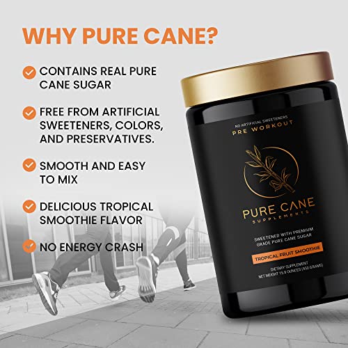 Pure Cane Natural Pre Workout Powder for Men & Women - No Artificial Sweeteners, Sweetend With Natural Pure Cane Sugar- Tropical Fruit Smoothie