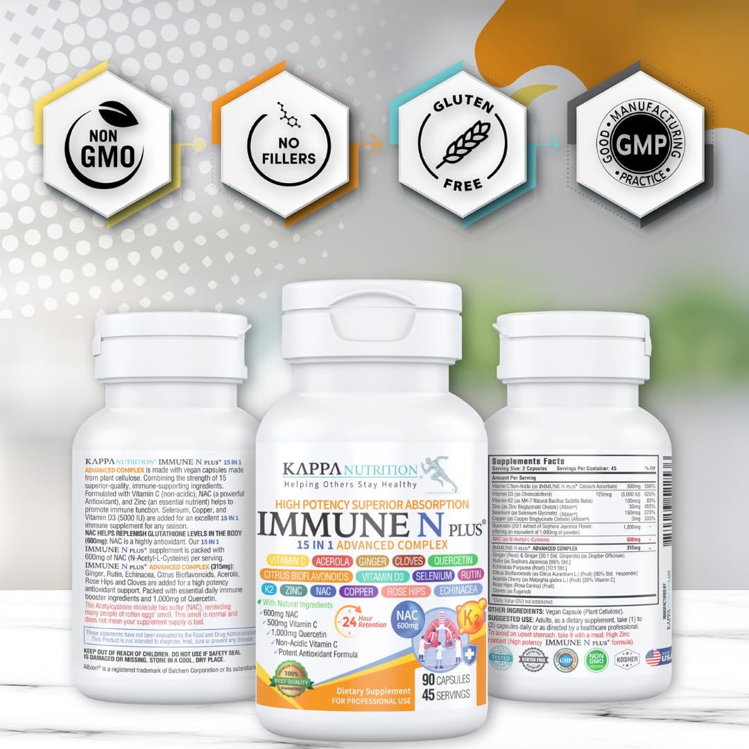 (60 Capsules), NAC 600mg, Quercetin 1,000mg, Vitamin C 500mg, Zinc 50mg, Vitamin D3 5,000iu, Selenium, Copper, Acerola, Ginger, Rutin, Citrus Bioflavonoids, Rose Hips, Echinacea, Immune N Plus 15 in 1 - Maple Wellness Supplements