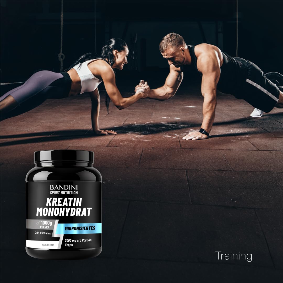 Bandini® Creatine Monohydrate Powder, 1 kg/1000 g, 294 Servings of 3000 mg | Ultra pure micronised creatine 3 g, microfine, soluble, tasteless, mesh factor 200, 100% vegan creatine monohydrate