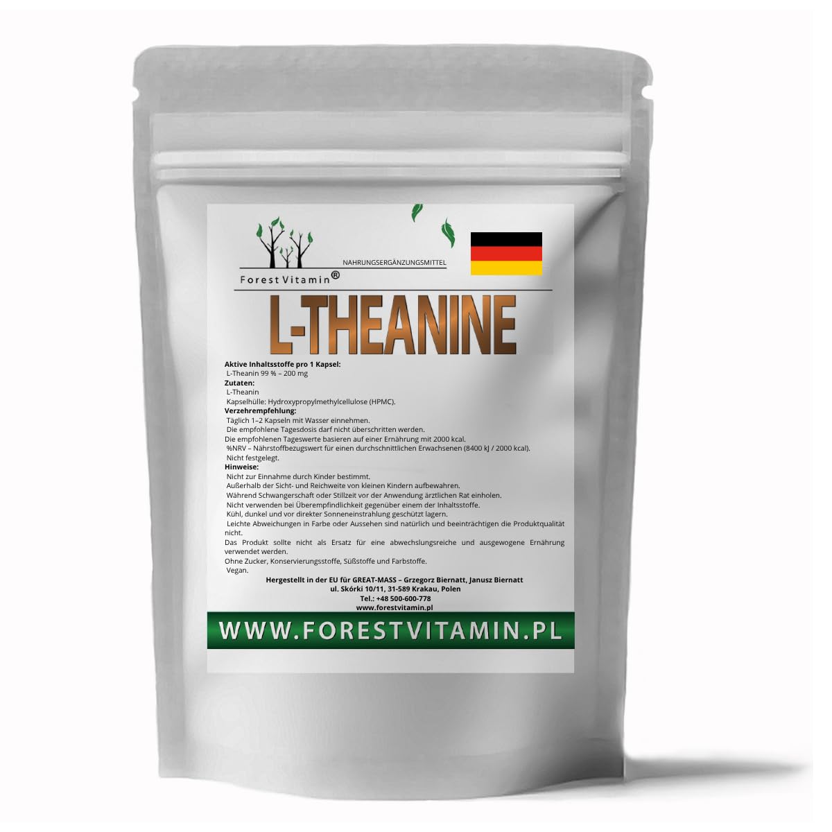 L-Theanine 200 mg - 100 Capsules - L Theanine 99% - High Dose of Green Tea (Camellia Sinensis) - Pure Theanine Amino Acid Supplement - Vegan - No Additives - Forest Vitamin