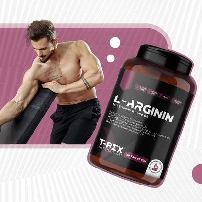 T-Rex Integratori L-Arginine 1000 mg with Vitamin B1 and B6 | High Dosage | 120 Tablets L-Arginine HCL | Pre-Workout Dietary Supplement for Athletes, Vegan