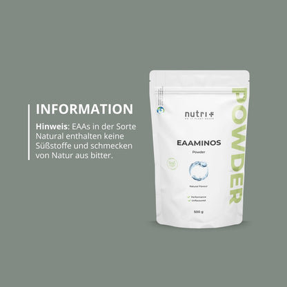 Nutri + EAA Powder Neutral 500 g High Dose + Vegan - 9 Essential Amino Acids - Instant Natural without Sweetener, Additive & Artificial Taste