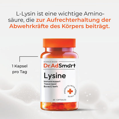 Dr.AD Smart L-Lysine - 1000 mg Lysine Per Daily Dose - Essential Amino Acid to Support Normal Immune Function - 60 Capsules - Laboratory Tested, High Dose - GMP Quality