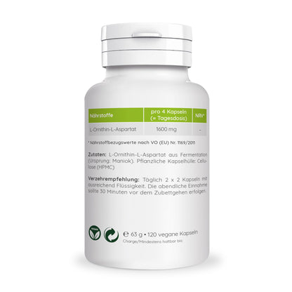 L-Ornithine-L-Aspartate Capsules (100% Vegetable Quality) 400 mg per Capsule ✓ 120 Capsules ✓ For Sleep Problems ✓ Vegan Gluten Free Lactose Free