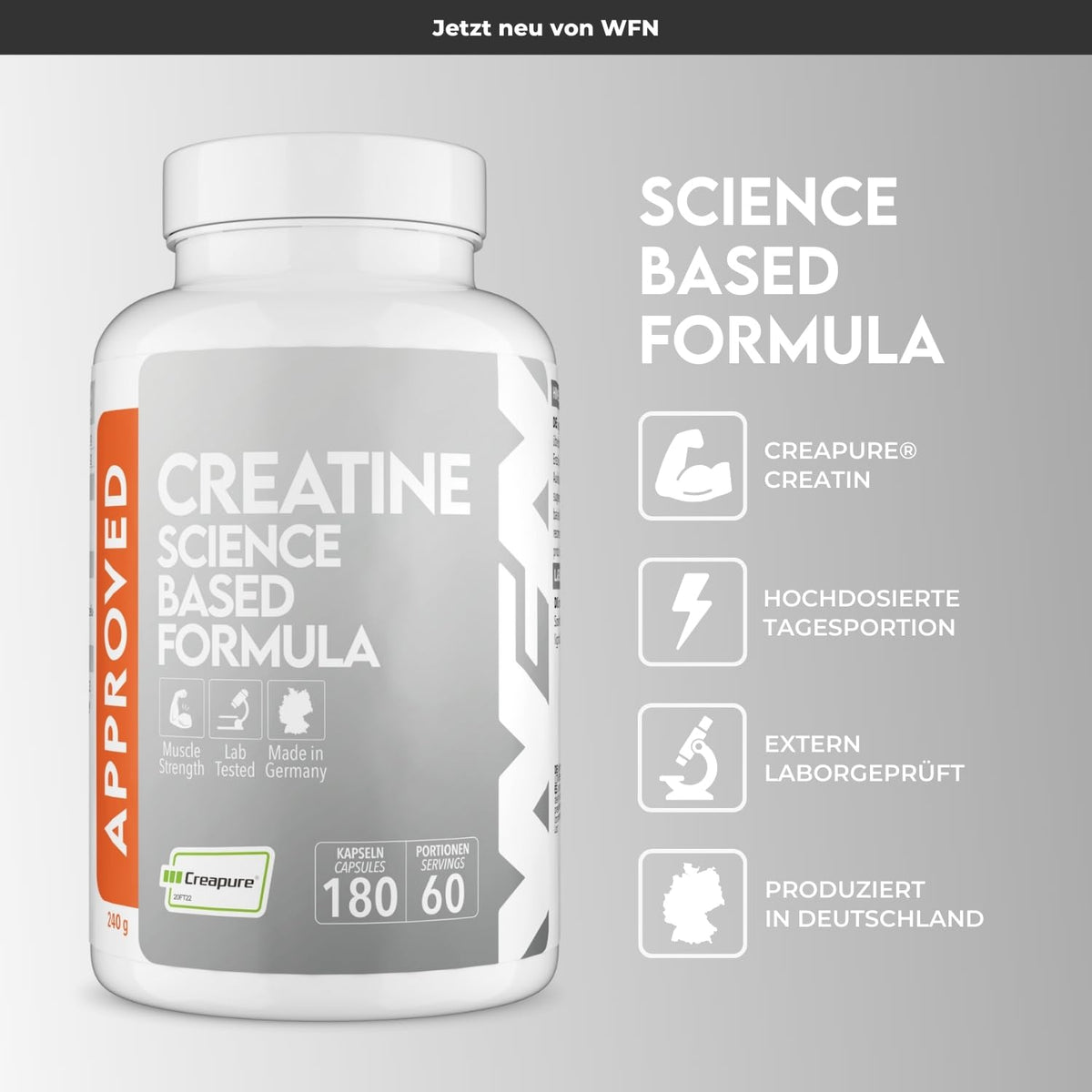 WFN Approved Creatine Caps - Creapure - 180 Creatine Capsules - High Dose Giga Caps - Pure Creatine Monohydrate - Vegan - 60 Servings - No Additives