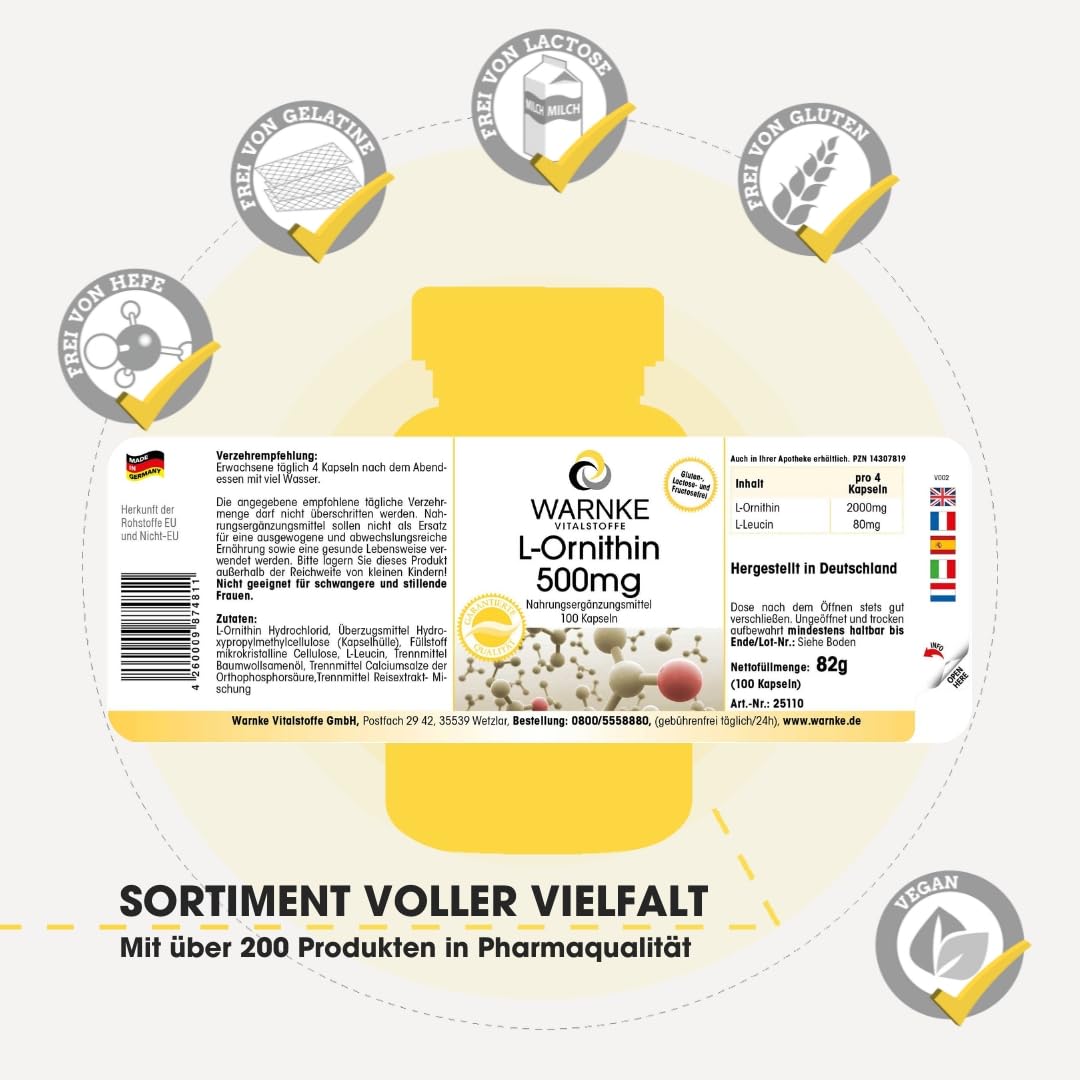 L-Ornithine Capsules, 500 mg L-Ornithine per Capsule, 100 Capsules, High Dose & Vegan, Amino Acid, Warnke Vital Substances, German Pharmacy Quality