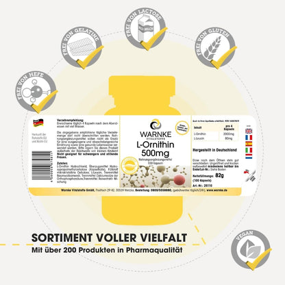 L-Ornithine Capsules, 500 mg L-Ornithine per Capsule, 100 Capsules, High Dose & Vegan, Amino Acid, Warnke Vital Substances, German Pharmacy Quality