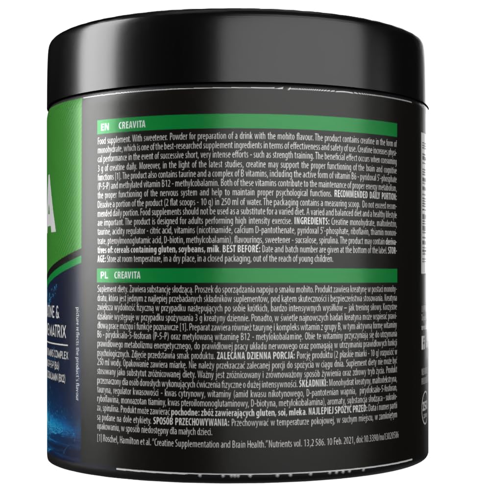 Activlab Creatine Powder - 3 g per serving - Creatine Monohydrate with Taurine, Vitamin B6 and B12-300 g - 30 Servings - Creavita - Mojito