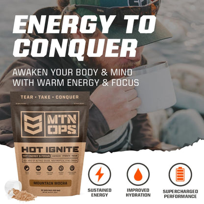 MTN OPS Hot Ignite Supercharged Energy Drink Mix Focus Enhancer, Hazelnut Cocoa, Bag (30 Servings)