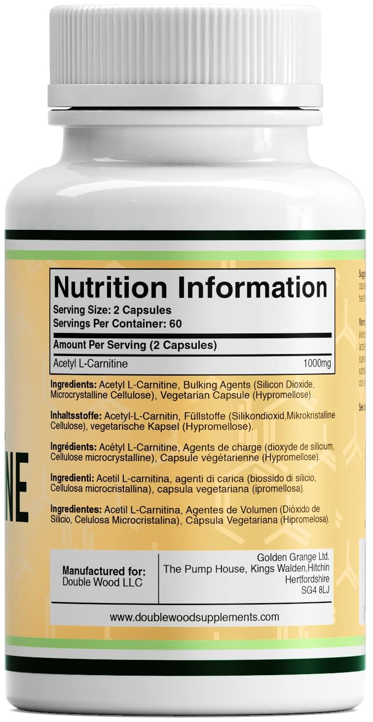 DW L Carnitine Capsules | 120 High Dose Acetyl L Carnitine - 1000mg L-Carnitine Per Serving | GMO and Gluten Free L-Carnitine