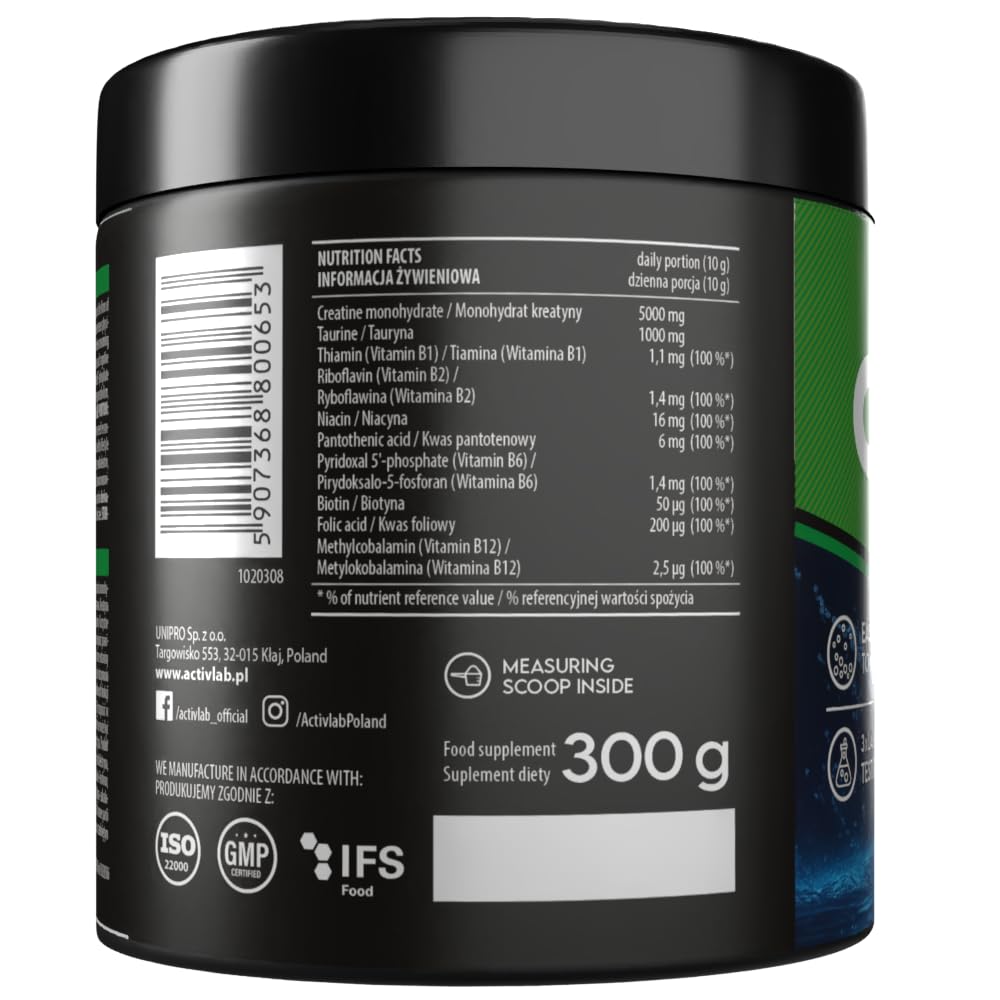 Activlab Creatine Powder - 3 g per serving - Creatine Monohydrate with Taurine, Vitamin B6 and B12-300 g - 30 Servings - Creavita - Mojito