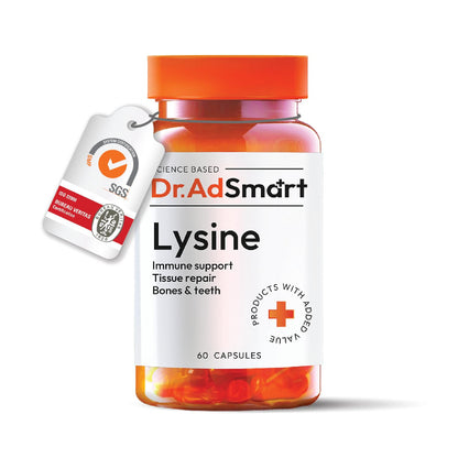 Dr.AD Smart L-Lysine - 1000 mg Lysine Per Daily Dose - Essential Amino Acid to Support Normal Immune Function - 60 Capsules - Laboratory Tested, High Dose - GMP Quality