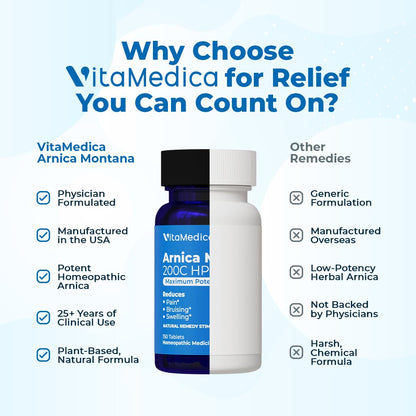 VitaMedica Arnica Montana 200C Rapid Dissolve Tablets for Natural Pain, Bruising, and Swelling Support - High Potency Homeopathic Medicine for Injury and Surgery Recovery - 150 Ct - 50 Servings VitaMedicaBuy Supplements Australia