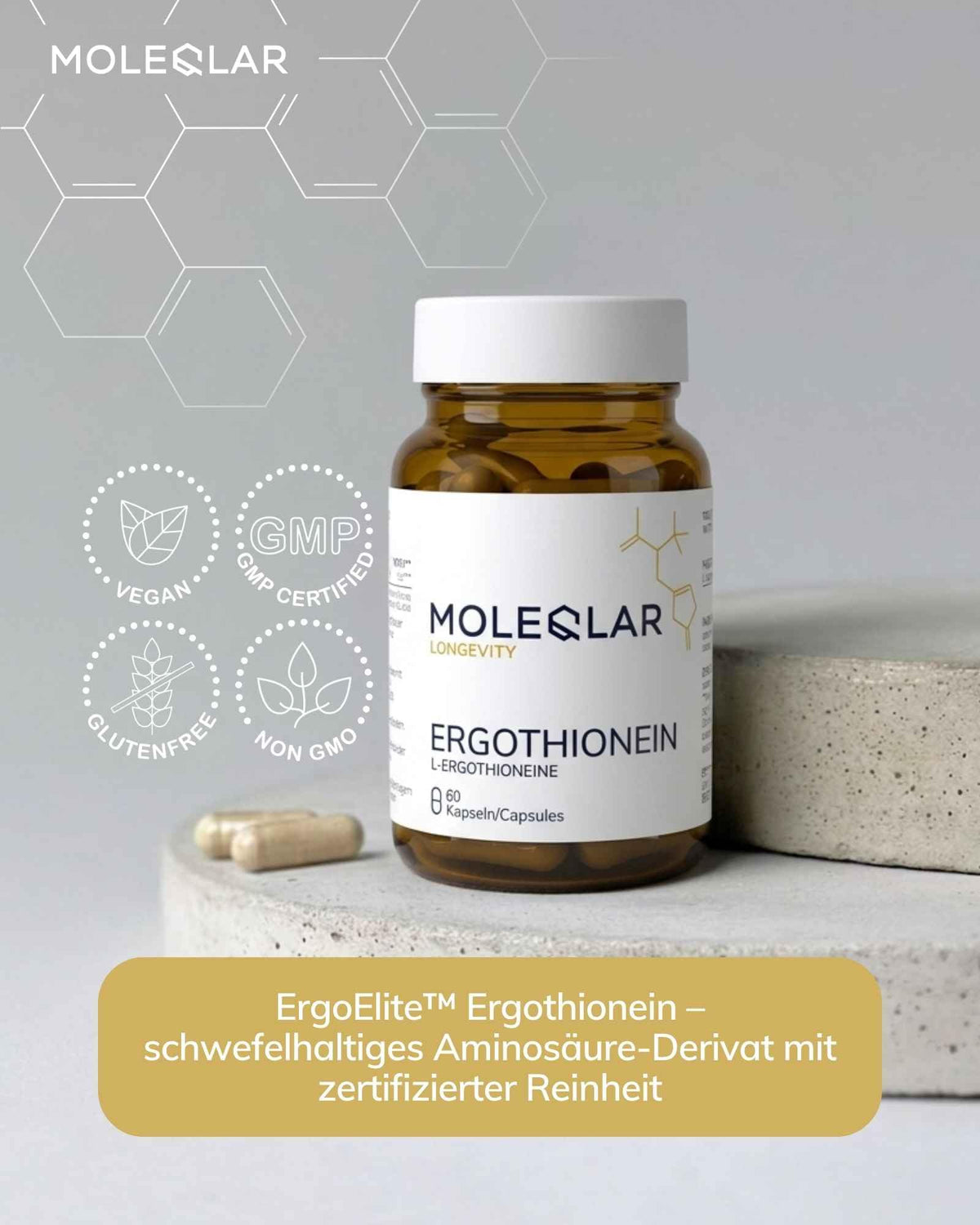 MoleQlar Ergothionein Capsules Pack of 60 - Sulphur-containing Amino Acid Derivative with 25 mg L-Ergothionein per Capsule - ErgoElite™ Brand Raw Material