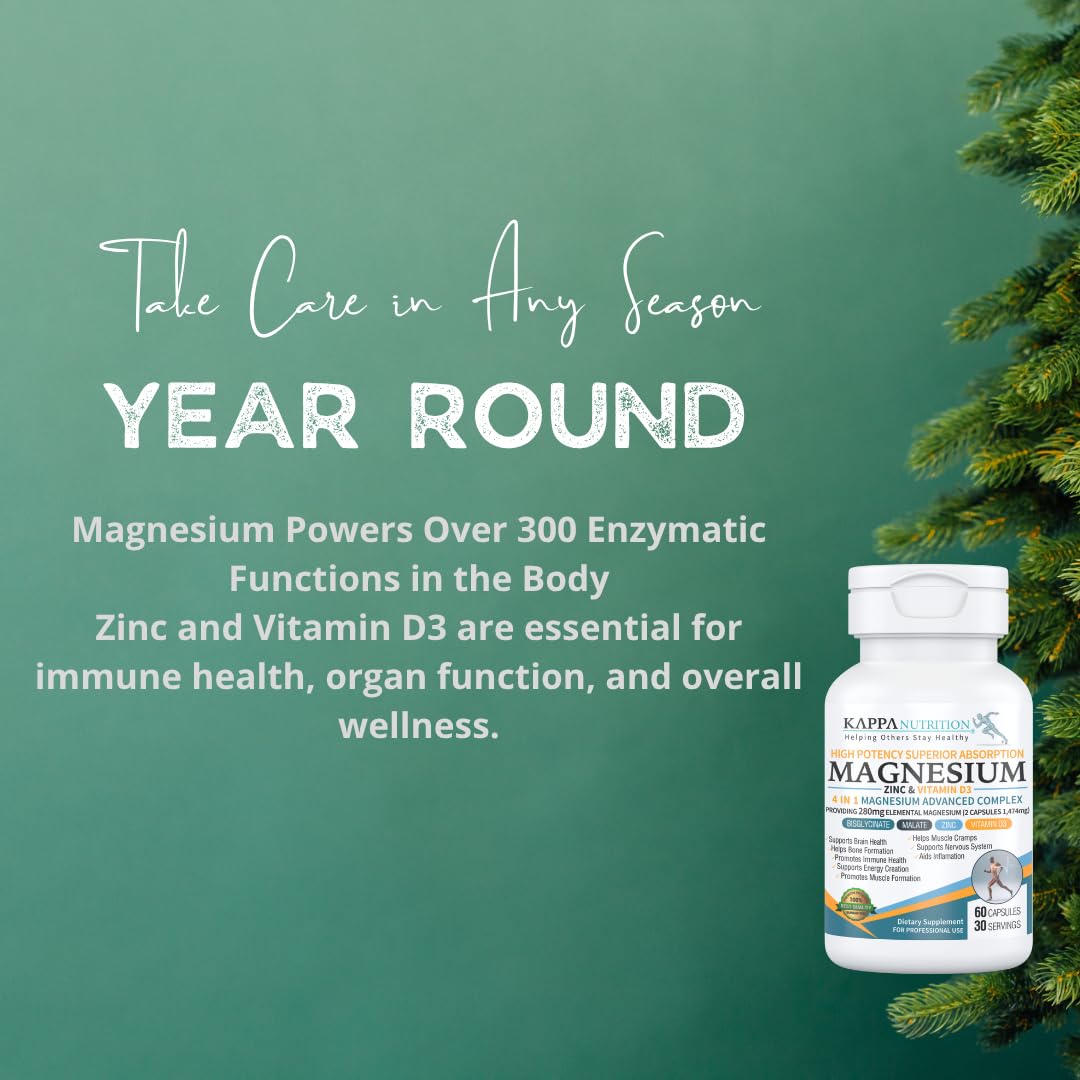 Kappa Nutrition Magnesium 4-in-1, 280mg Elemental Magnesium (Bisglycinate, Malate) + Zinc & Vitamin D3, Brain, Sleep, Energy, Muscle, Immune Support, 60 Vegan Capsules. KAPPA NUTRITIONBuy Supplements Australia