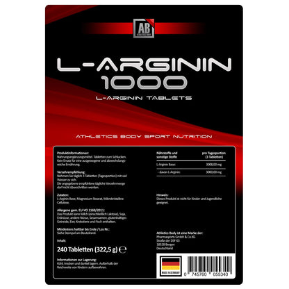 L Arginine 6000 - per serving 6000 mg arginine - per tablet 1000 mg arginine - 240 pieces - premium grade