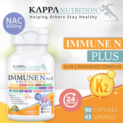 (90 Capsules), NAC 600mg, Quercetin 1,000mg, Vitamin C 500mg, Zinc 50mg, Vitamin D3 5,000iu, Selenium, Copper, Acerola, Ginger, Rutin, Citrus Bioflavonoids, Rose Hips, Echinacea, Immune N Plus 15 in 1 KAPPA NUTRITIONBuy Supplements Australia
