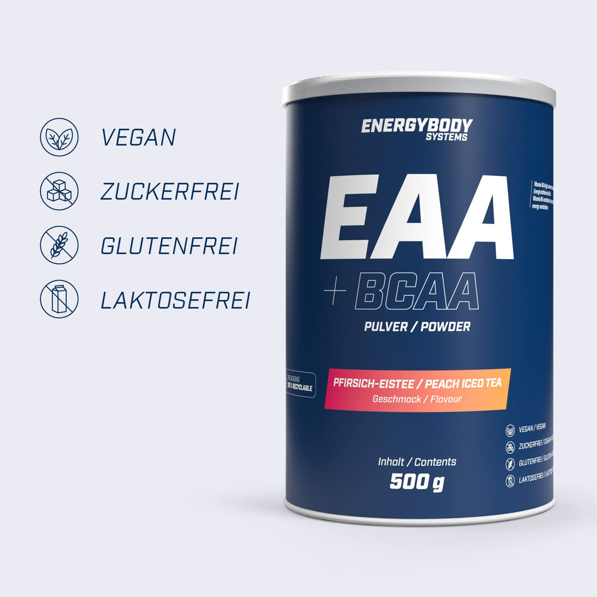 Buy ​Energybody EAA Powder with BCAA "Peach Iced Tea" 500 g | Contains all 8 essential EAA amino acids, vegan and sugar-free, dietary supplement for athletes - OmniHealthRx Usa supplements