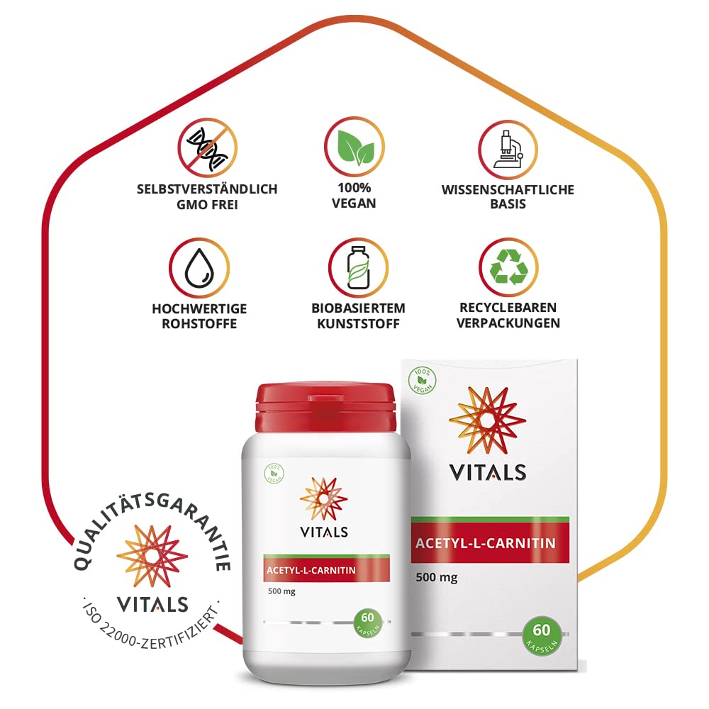 Vitals - Acetyl-L-Carnitine 500mg 60 Capsules, Acetylated Form of L-Carnitine. 100% Vegan. In a vegetable capsule, supplemented with an excipient from a natural source.