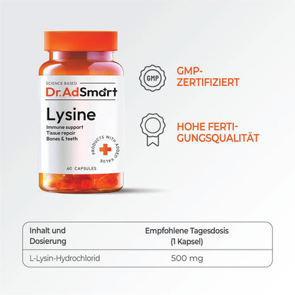 Dr.AD Smart L-Lysine - 1000 mg Lysine Per Daily Dose - Essential Amino Acid to Support Normal Immune Function - 60 Capsules - Laboratory Tested, High Dose - GMP Quality
