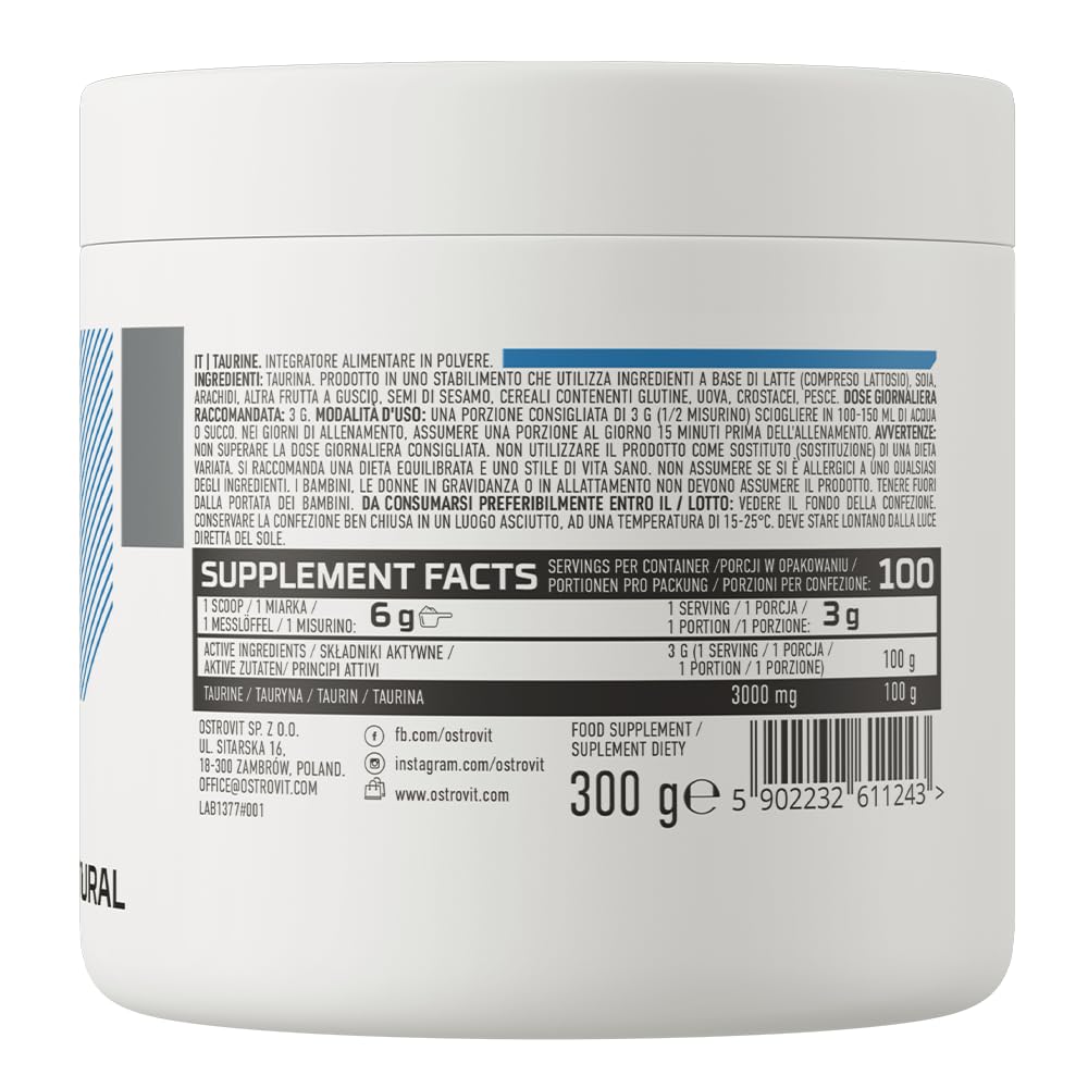 OstroVit Taurine 300 g | 3000 mg Taurine Per Serving | 100 Servings | Pure Taurine Powder | No Additives | Dietary Supplement for Athletes