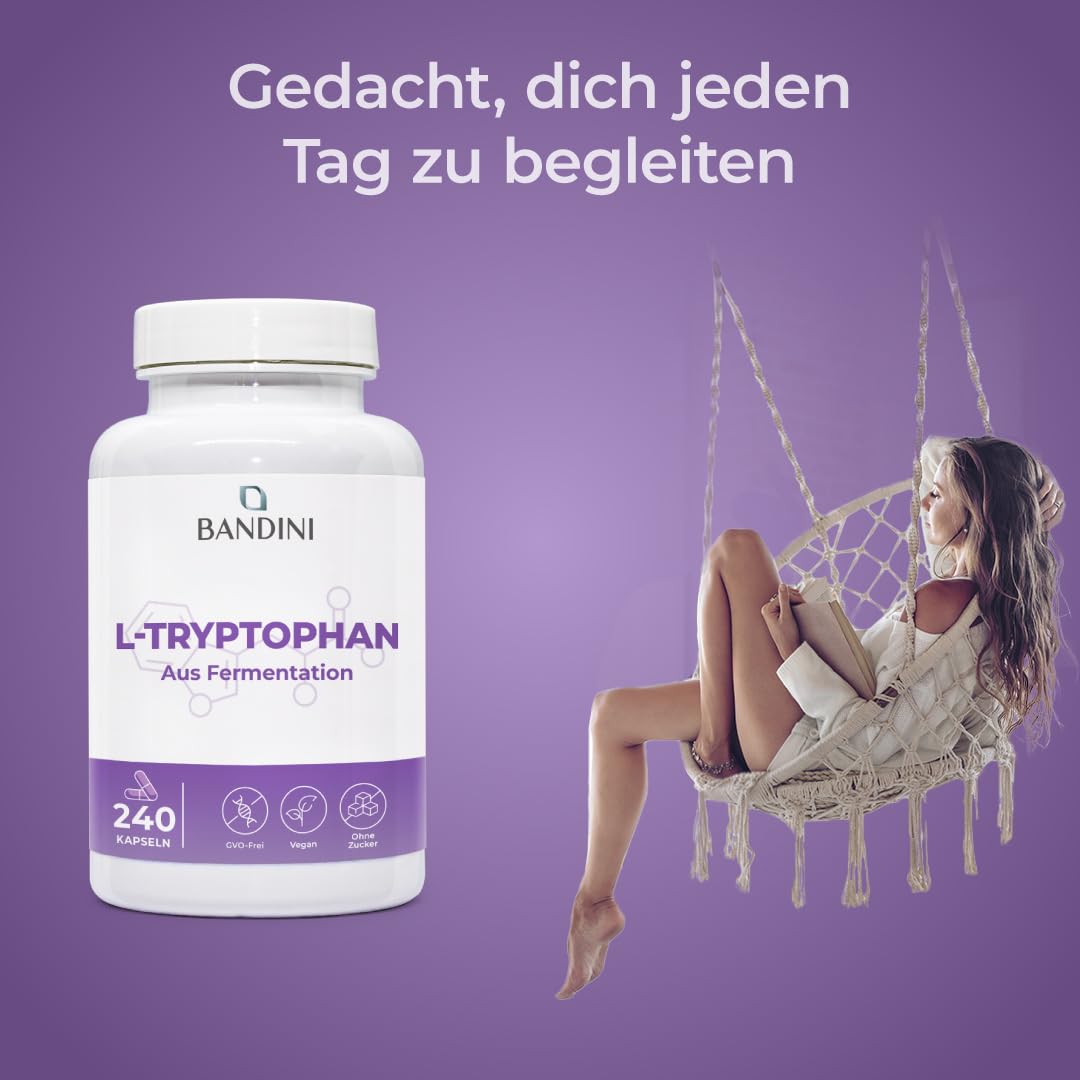 Bandini® L-Tryptophan 240 Capsules - L Tryptophan with 500 mg per capsule | High dose - 8 months range - Made from vegetable fermentation - Laboratory tested, without unwanted additives - 100% vegan