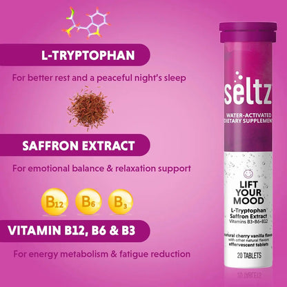Seltz® Lift Your Mood – Effervescent Vitamins for Mood Support & Energy with L-Tryptophan, Saffron Extract & B Vitamins (B3, B6, B12) SeltzBuy Supplements Australia