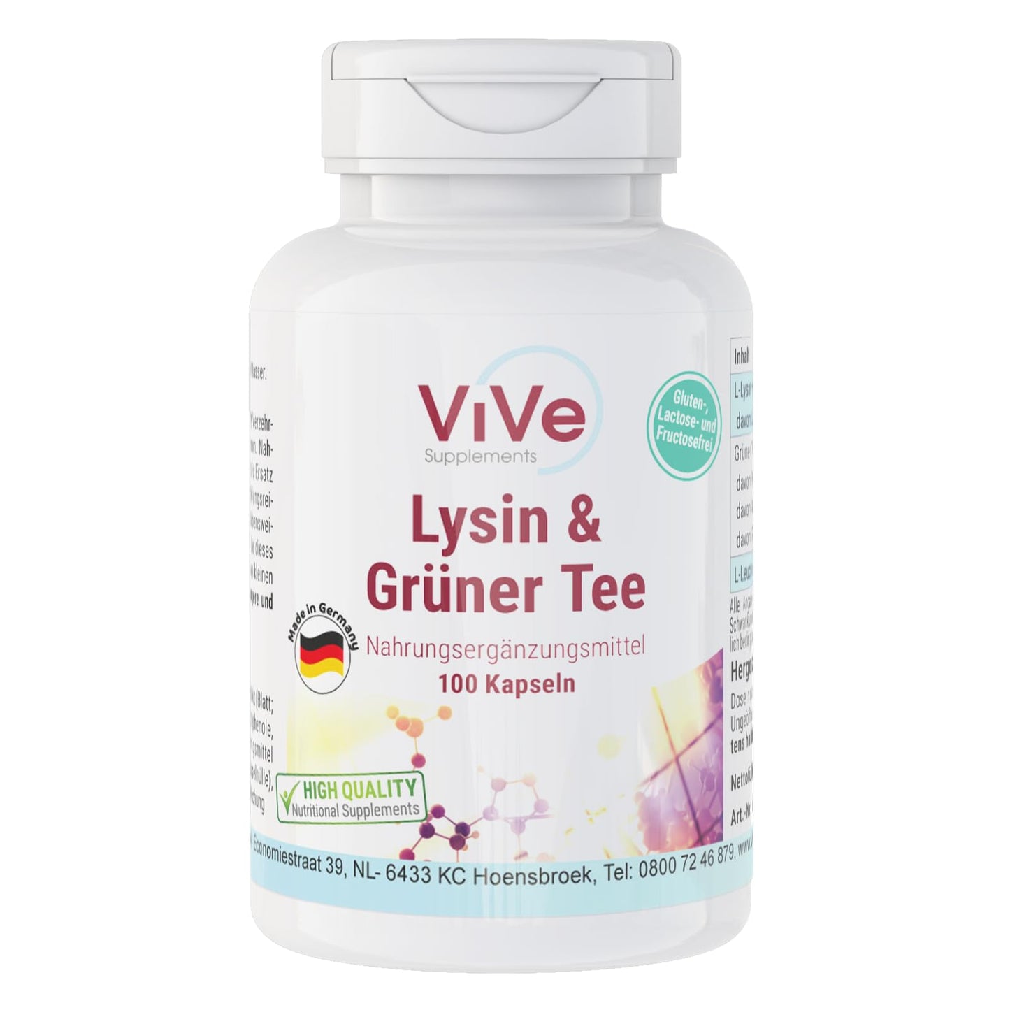 L-Lysine & Green Tea Extract - 100 Vegan Capsules, 400 mg / 200 mg, Polyphenols and EGCG, Large Pack for 100 Days, Quality from Germany ViVe Supplements