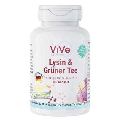 L-Lysine & Green Tea Extract - 100 Vegan Capsules, 400 mg / 200 mg, Polyphenols and EGCG, Large Pack for 100 Days, Quality from Germany ViVe Supplements