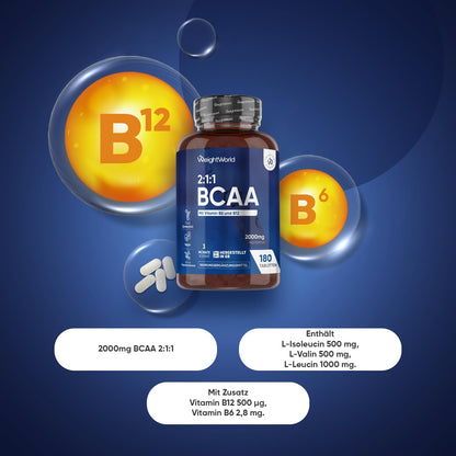 Buy ​WeightWorld BCAA Tablets 2000 mg with Vitamin B12 & B6-3 Months Supply | 2:1:1, L-Leucin, L-Isoleucin, L-Valin, 180 vegane Tabletten, 2 Stück pro Tag, Frei von Magnesiumstearat & Gentechink - OmniHealthRx Usa supplements