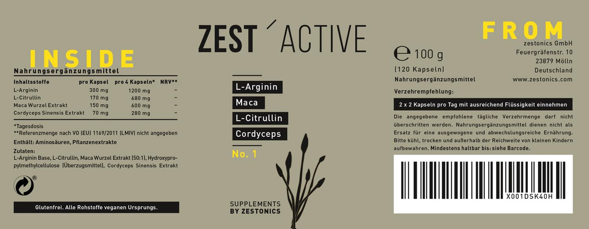 Zest'Active L-Arginine Base, L-Citrulline, Maca, Cordyceps - 120 Capsules
