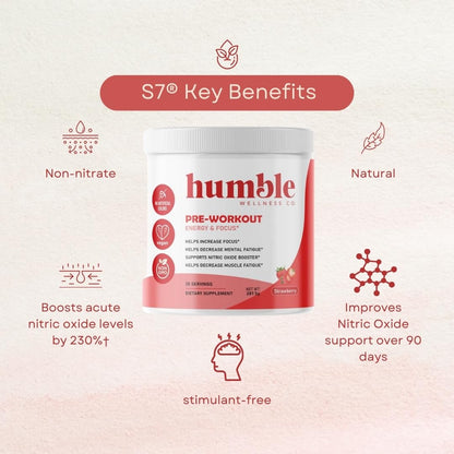 Humble Wellness Pre-Workout: Increase Focus, Decrease Mental Fatigue, Supports Nitric Oxide Booster, Decrease Muscle Fatigue, No Artificial Colors, Vegan, Non GMO, 25 Servings