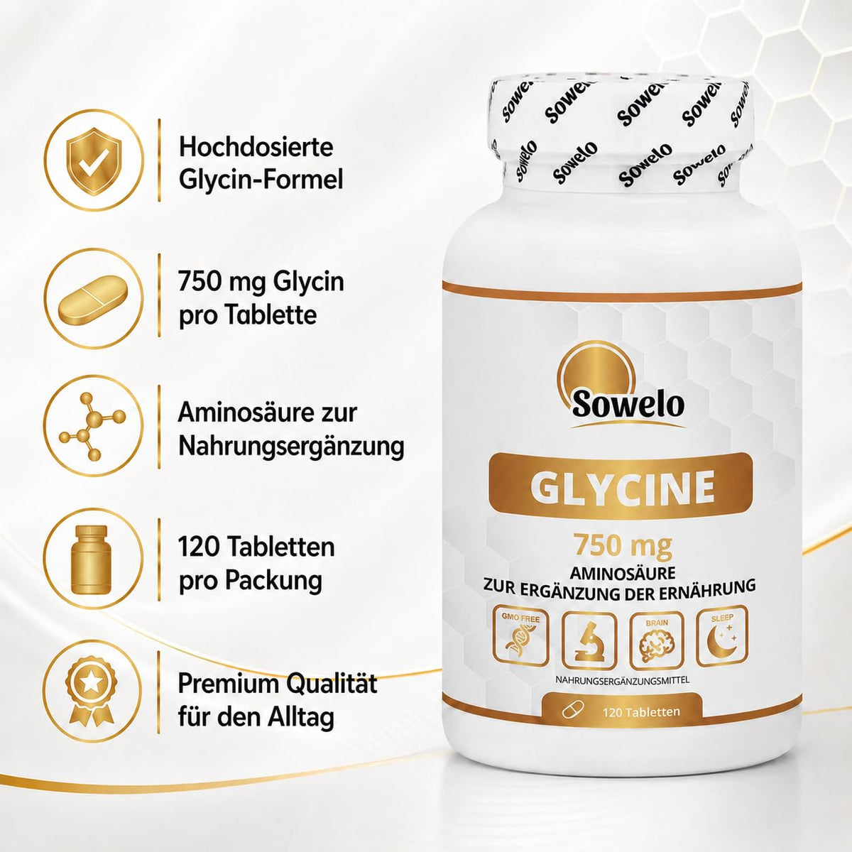 Glycine 750 mg per tablet - 120 tablets - focus & well-being | Pure Amino Acid for Night Recovery - No Additives, High Purity - Sowelo (2-Pack)
