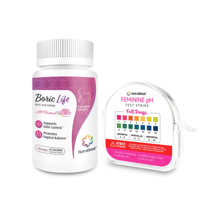 NutraBlast Boric Acid Vaginal Suppositories 600mg (30 Count) & Feminine pH Test Strips 1-14 (100-Tests Roll)