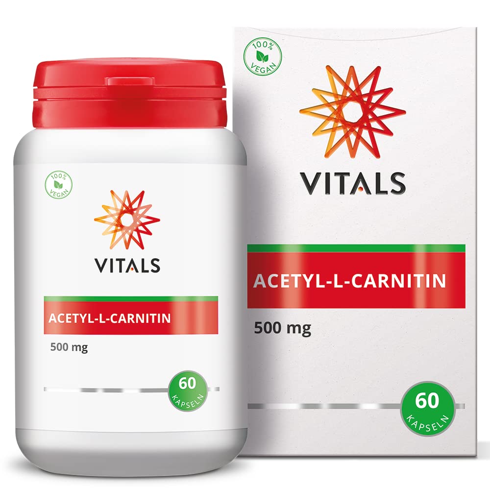 Vitals - Acetyl-L-Carnitine 500mg 60 Capsules, Acetylated Form of L-Carnitine. 100% Vegan. In a vegetable capsule, supplemented with an excipient from a natural source.