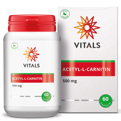 Vitals - Acetyl-L-Carnitine 500mg 60 Capsules, Acetylated Form of L-Carnitine. 100% Vegan. In a vegetable capsule, supplemented with an excipient from a natural source.