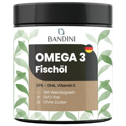 Bandini® Omega 3 | 366 Softgels, 2000 mg Pure Fish Oil with 600 mg Bioactive Triglycerides EPA and DHA, Fatty Acids for Heart and Brain, 2 Softgels/Day for 6 Months Supply, High Dose, GMO-Free