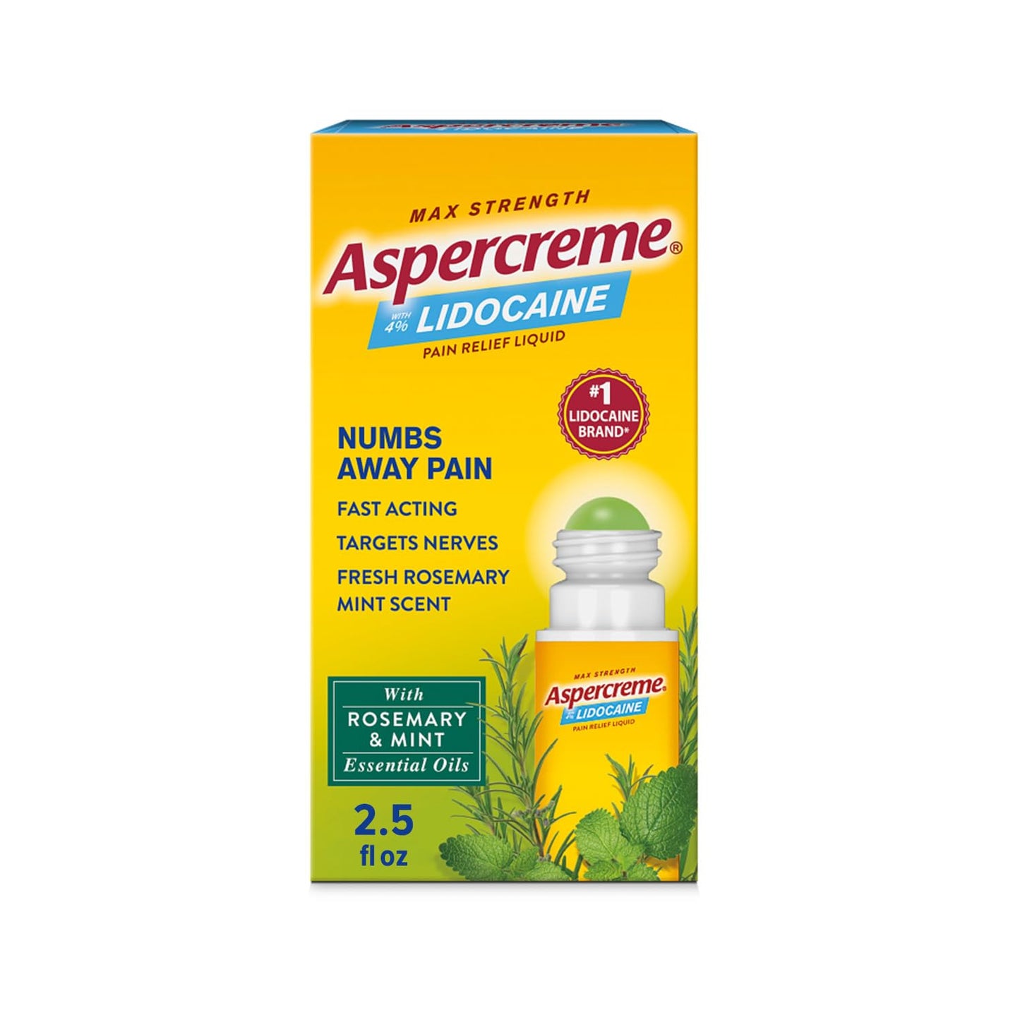 Aspercreme Essential Oils Lidocaine Pain Relief with No-Mess Roll-On Applicator, Max-Strength Lidocaine Numbs Away Nerve Pain, Moisturizing Aloe Hydrates Skin, Rosemary & Mint, 2.5 Oz. AspercremeBuy Supplements Australia